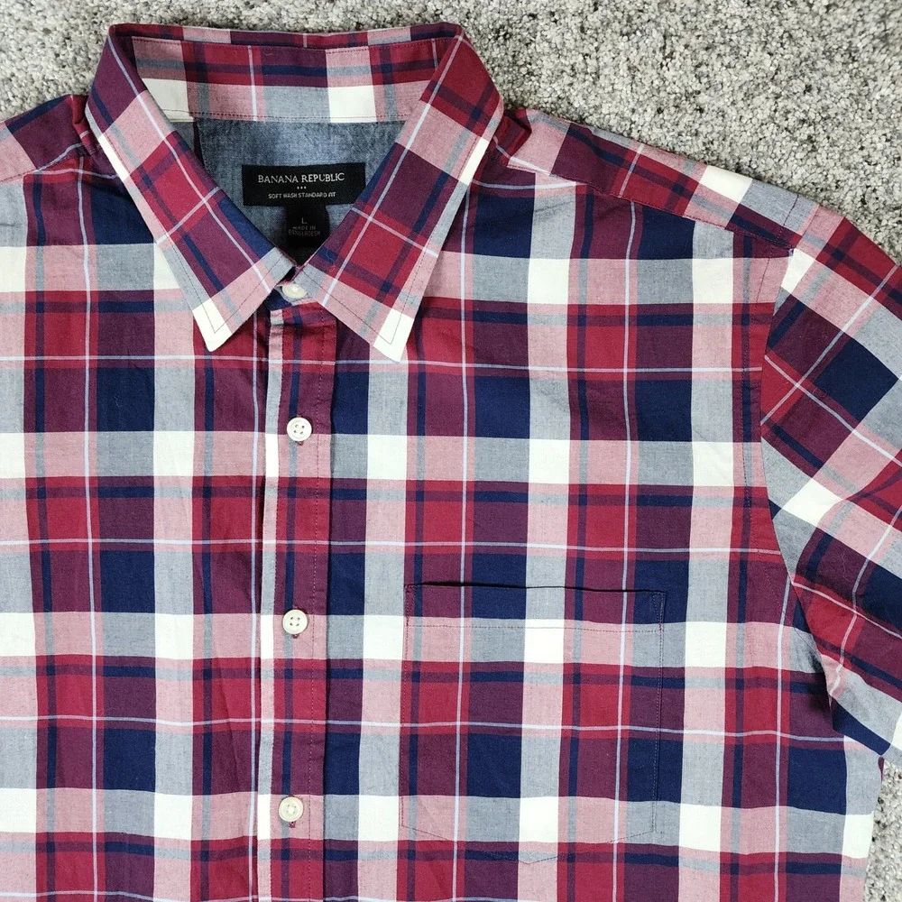 Banana Republic Shirt Mens Large Plaid Soft Wash Standard Fit Short Sleeve EUC